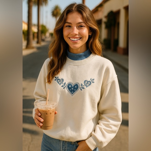 Vintage 90s Cream Sweatshirt with Blue Heart Design double collar crewneck - Picture 1 of 4